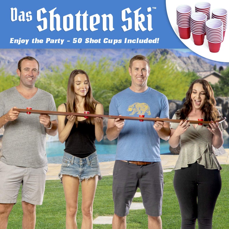 GoPong Das Shotten Ski - Rustic Wood 4 Person Drinking Ski with 50 Plastic Shot Glasses - Image 2